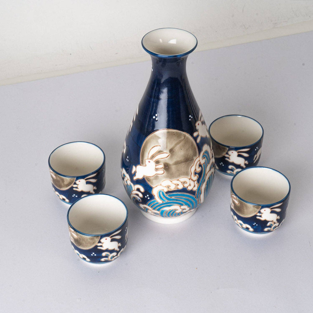 Moon Rabbit Porcelain Glazed 10 oz Sake Bottle and 4 Cups Gift Set (1/16)