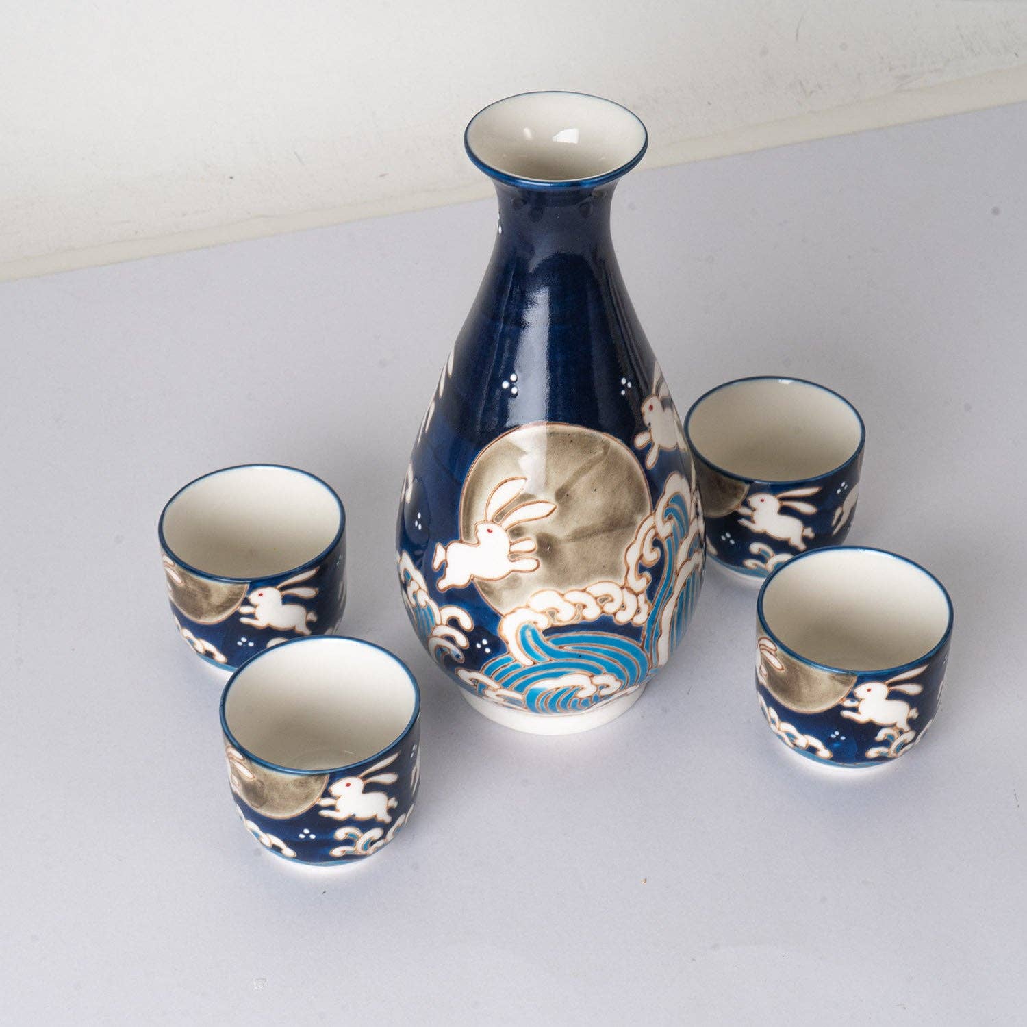 Moon Rabbit Porcelain Glazed 10 oz Sake Bottle and 4 Cups Gift Set (1/16)