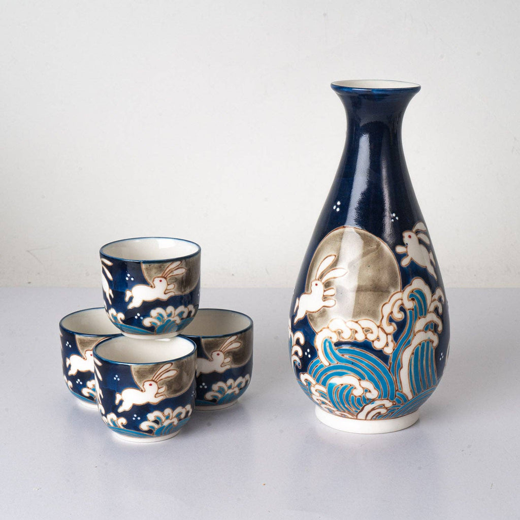 Moon Rabbit Porcelain Glazed 10 oz Sake Bottle and 4 Cups Gift Set (1/16)