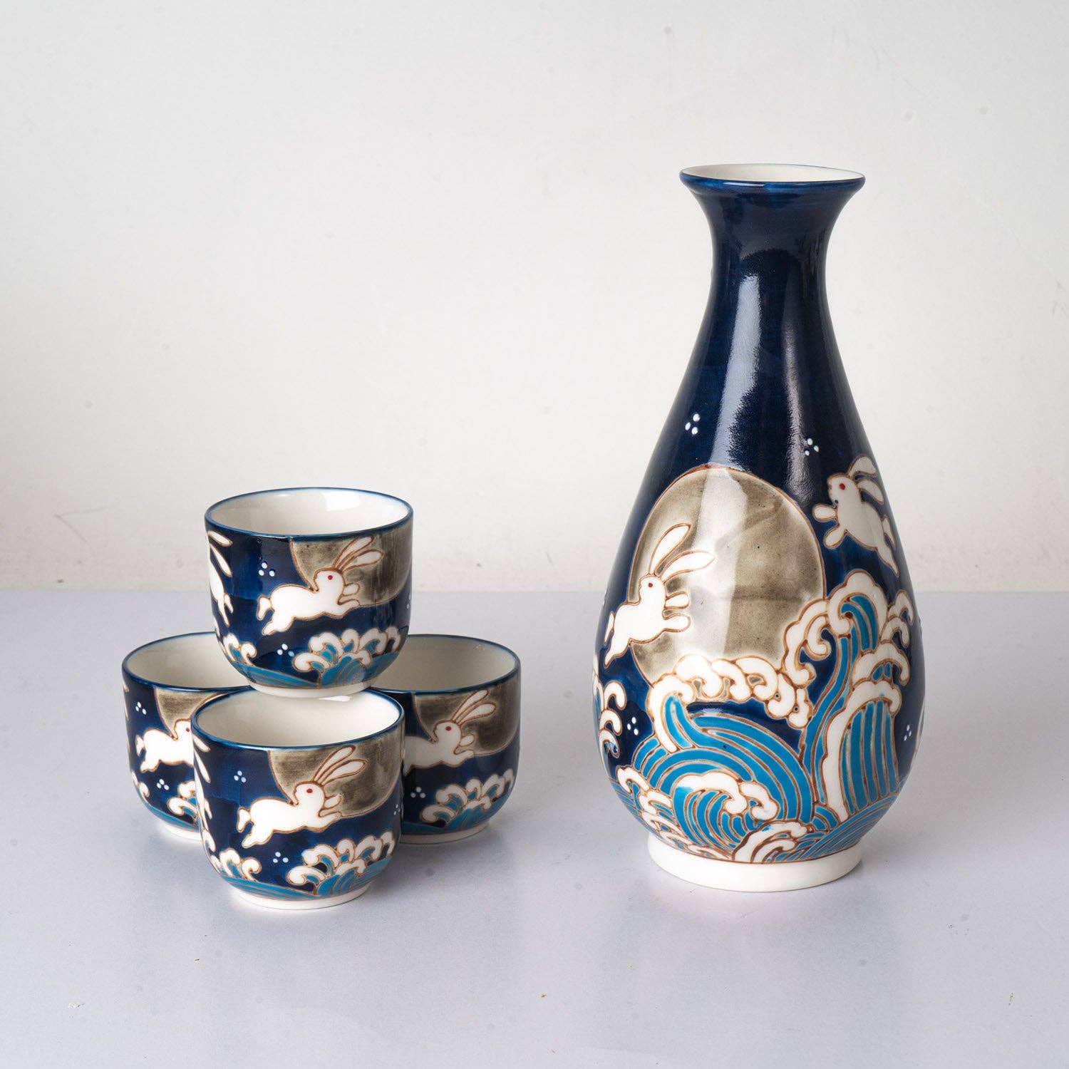 Moon Rabbit Porcelain Glazed 10 oz Sake Bottle and 4 Cups Gift Set (1/16)