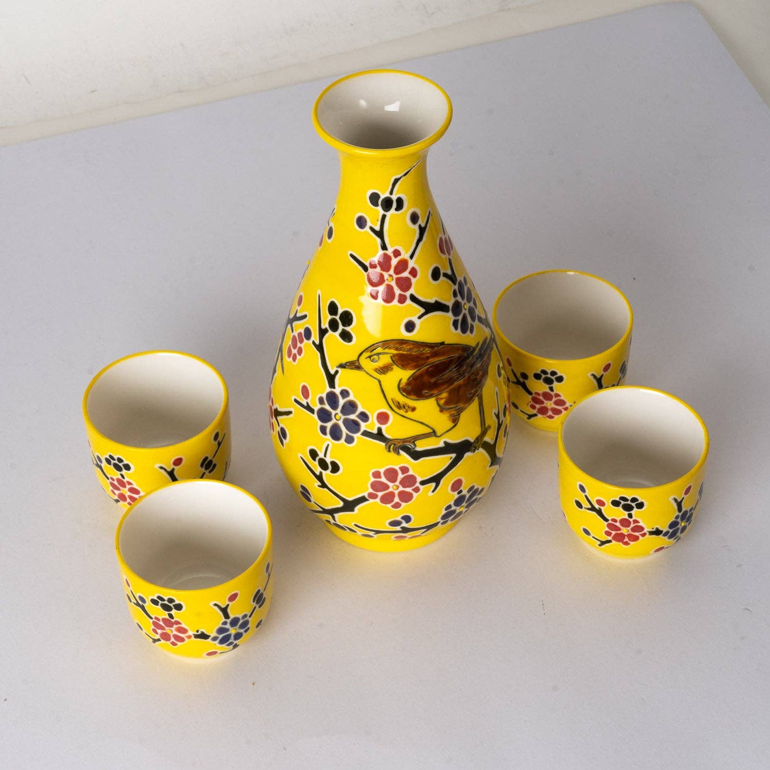 Yellow Flower Porcelain Glazed 10 oz Sake Bottle and 4 Cups Gift Set