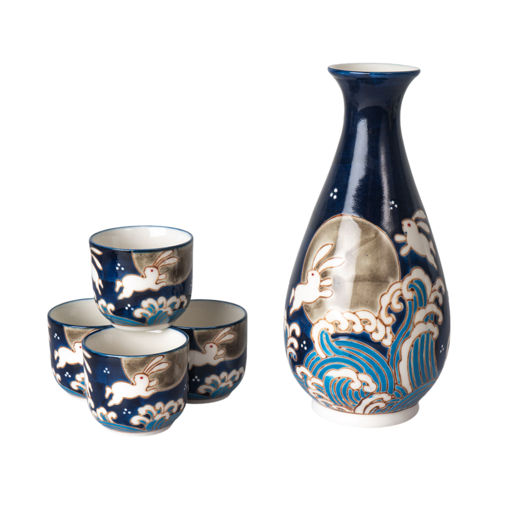 Moon Rabbit Porcelain Glazed 10 oz Sake Bottle and 4 Cups Gift Set (1/16)