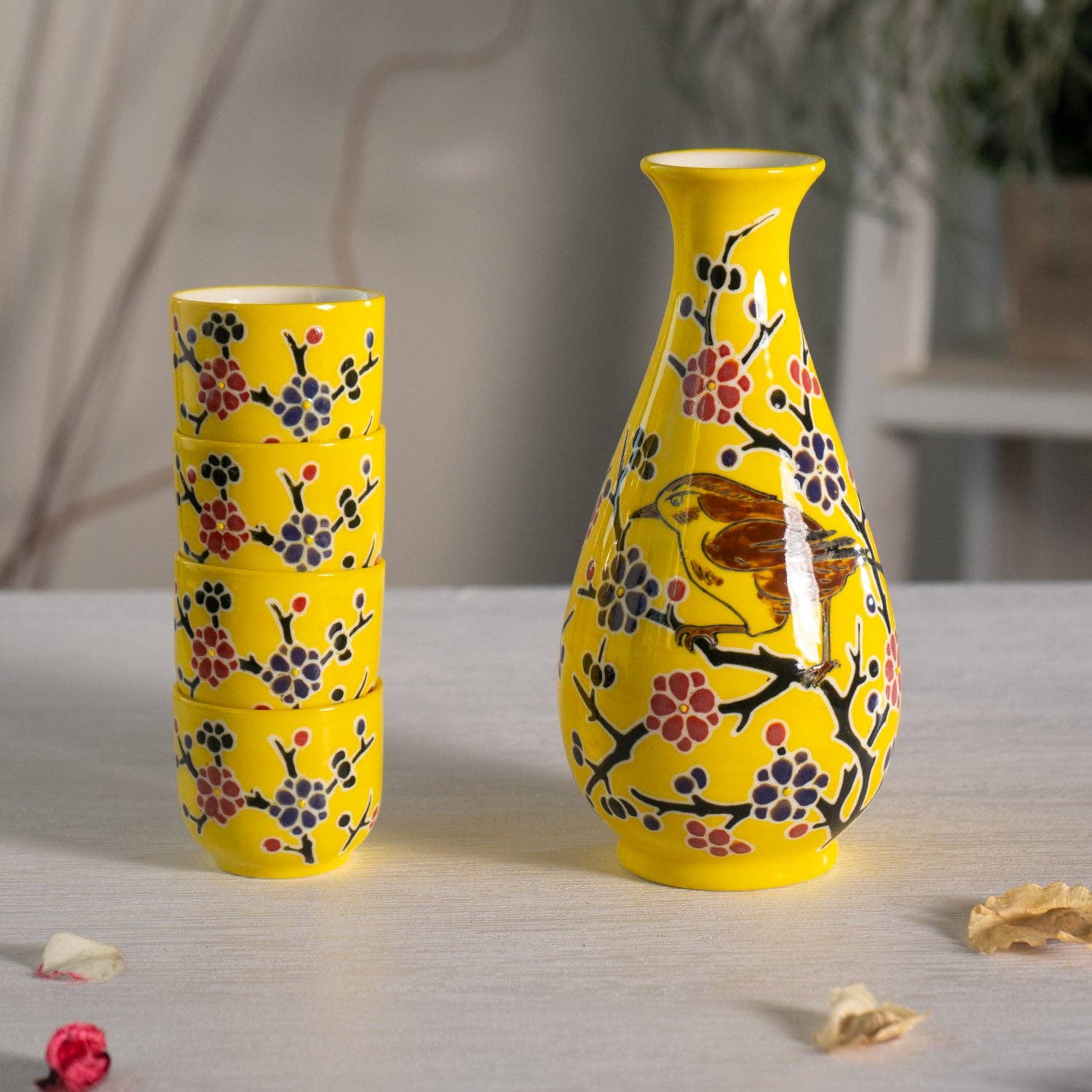 Yellow Flower Porcelain Glazed 10 oz Sake Bottle and 4 Cups Gift Set