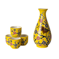 Yellow Flower Porcelain Glazed 10 oz Sake Bottle and 4 Cups Gift Set