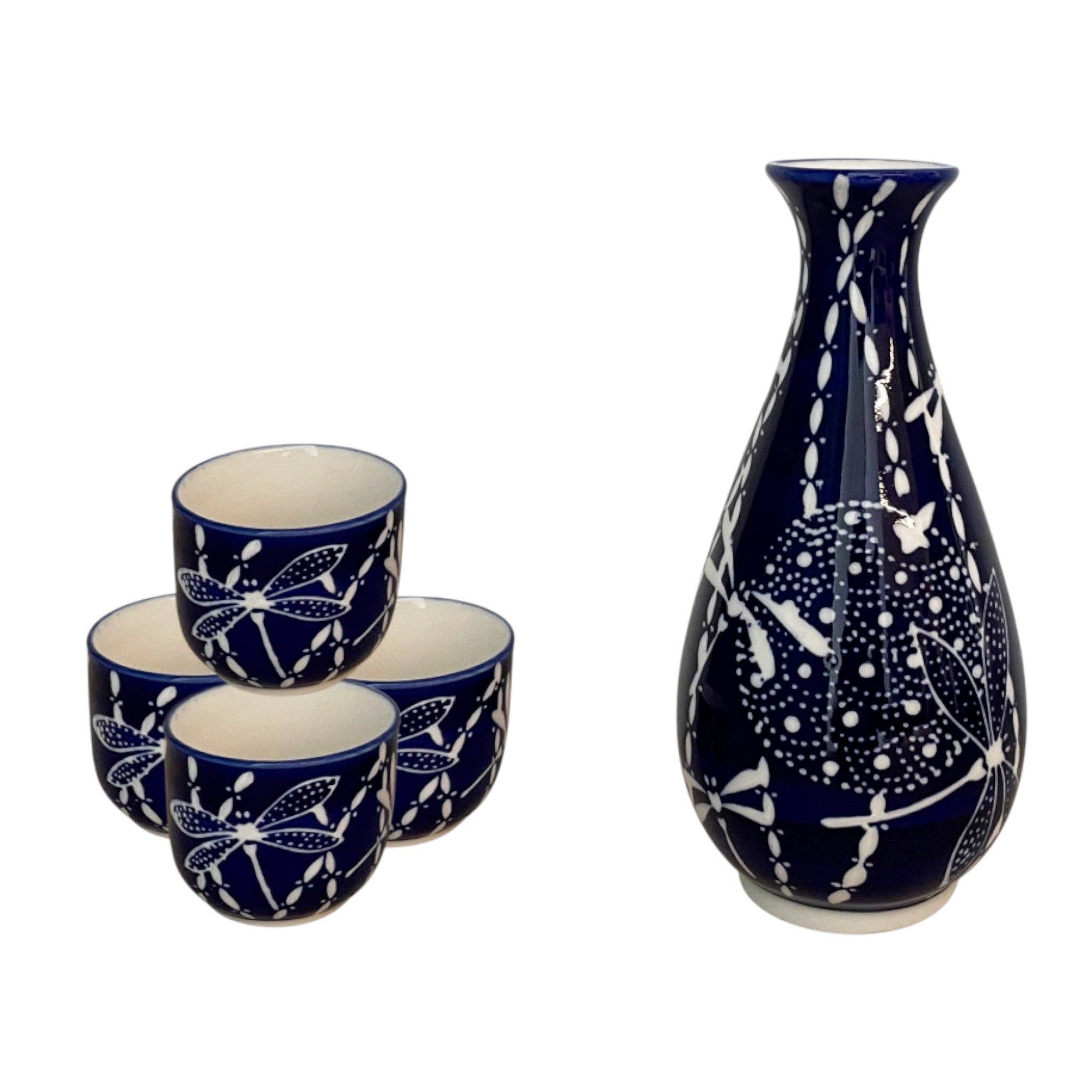Tombo Dragonfly Porcelain Glazed 10 oz Sake Bottle and 4 Cups Gift Set (4/16)
