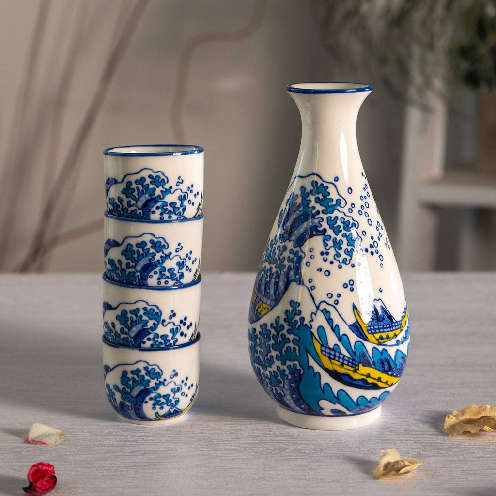 Great Wave Porcelain Glazed 10 oz Sake Bottle and 4 Cups Gift Set (1/16)