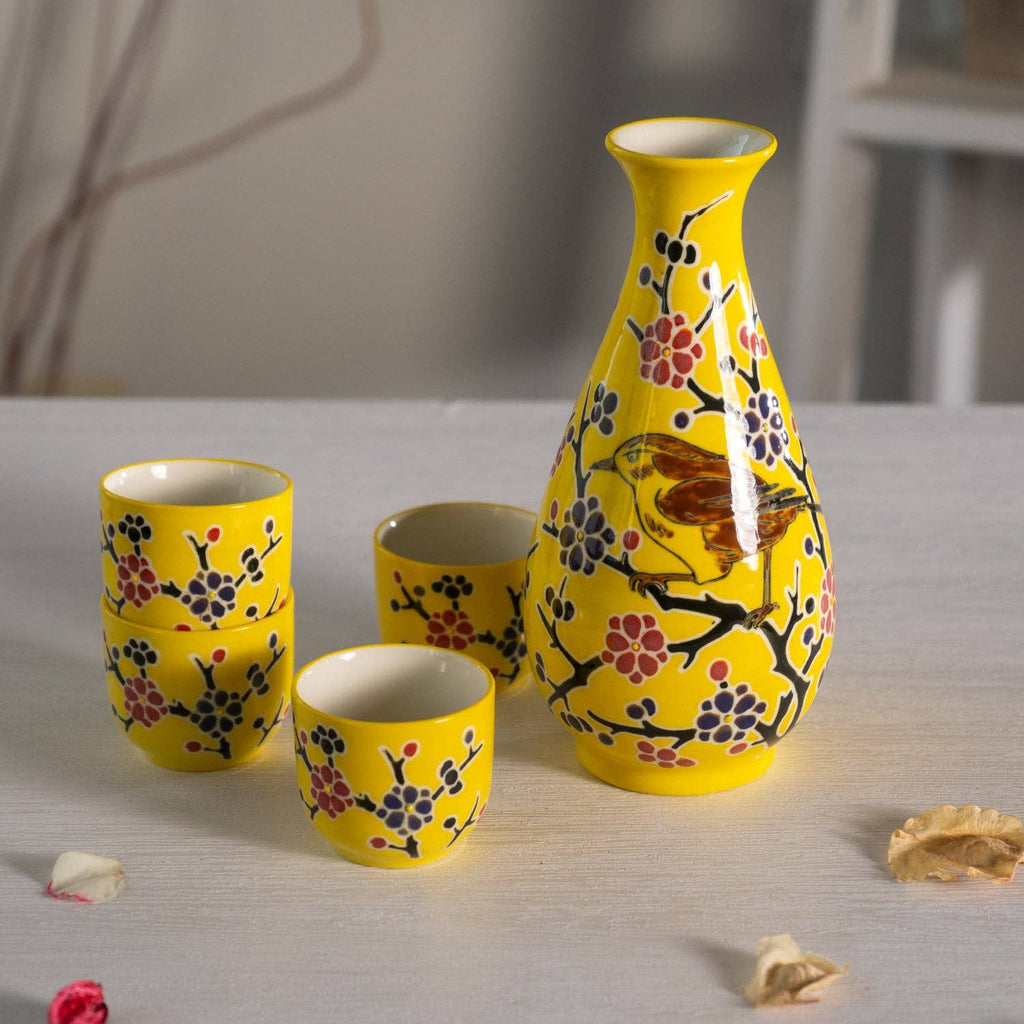 Yellow Flower Porcelain Glazed 10 oz Sake Bottle and 4 Cups Gift Set