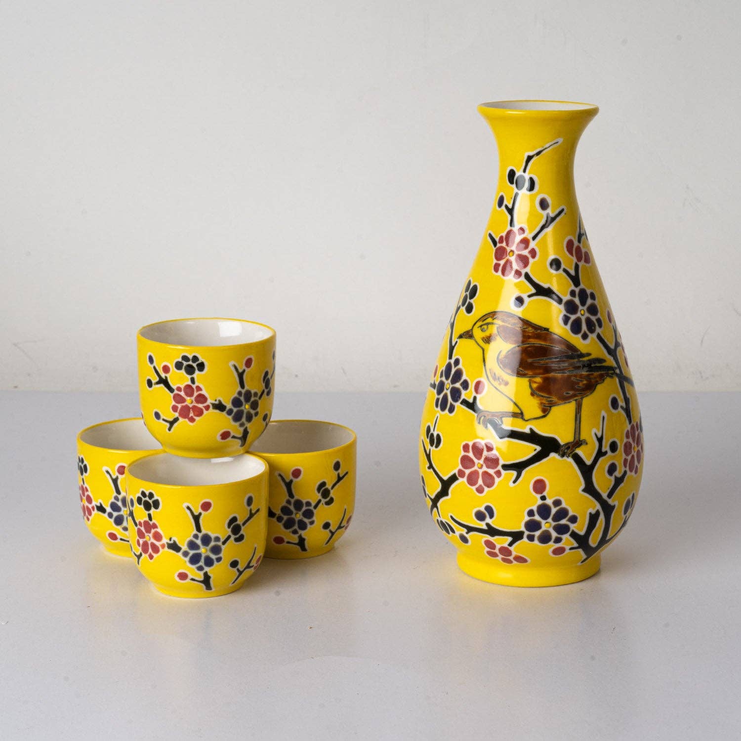 Yellow Flower Porcelain Glazed 10 oz Sake Bottle and 4 Cups Gift Set