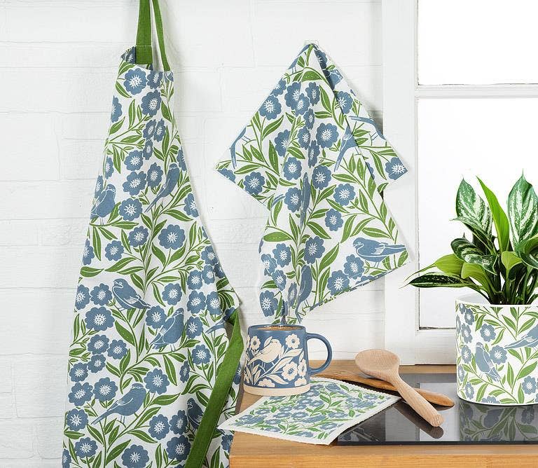 Wide Base Mug with Leaves & Birds-Blue-3.5"H(14oz)