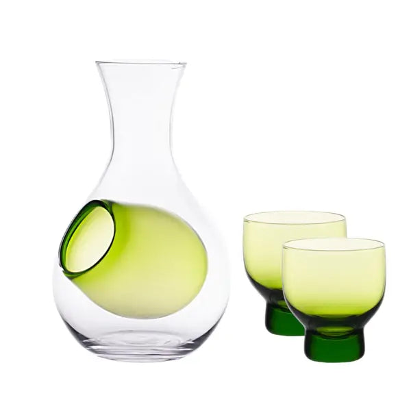 12oz Glass Sake Bottle With Ice Pocket Green and 2 Cups Set