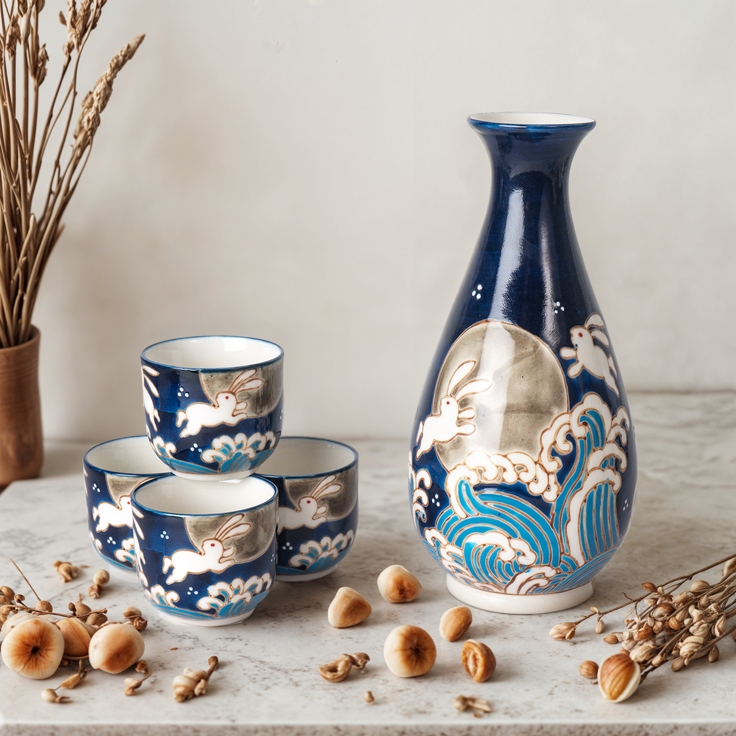 Moon Rabbit Porcelain Glazed 10 oz Sake Bottle and 4 Cups Gift Set (1/16)